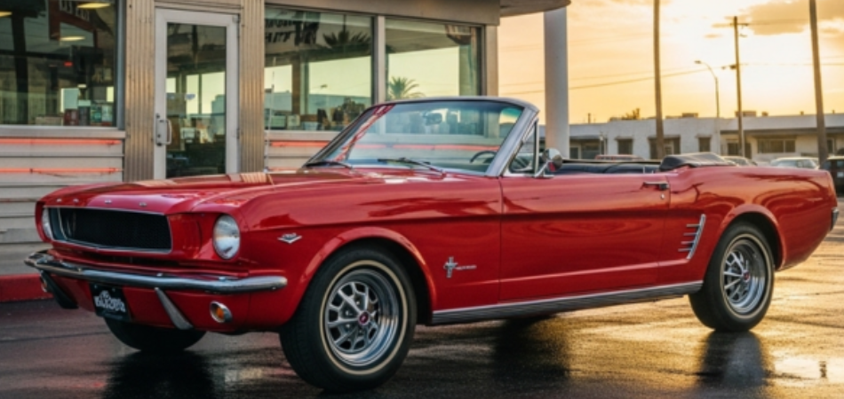 This classic car from the 60s is a 1964 Ford Mustang, featuring a sharp red colour with a convertible top, parked beside a diner.