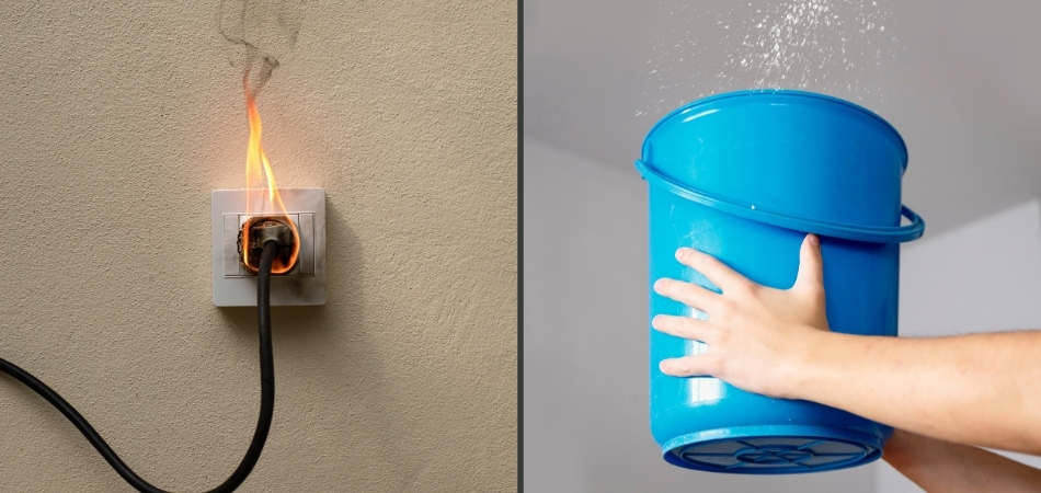 A burning electrical outlet on a wall alongside a bucket catching water dripping from a ceiling leak.