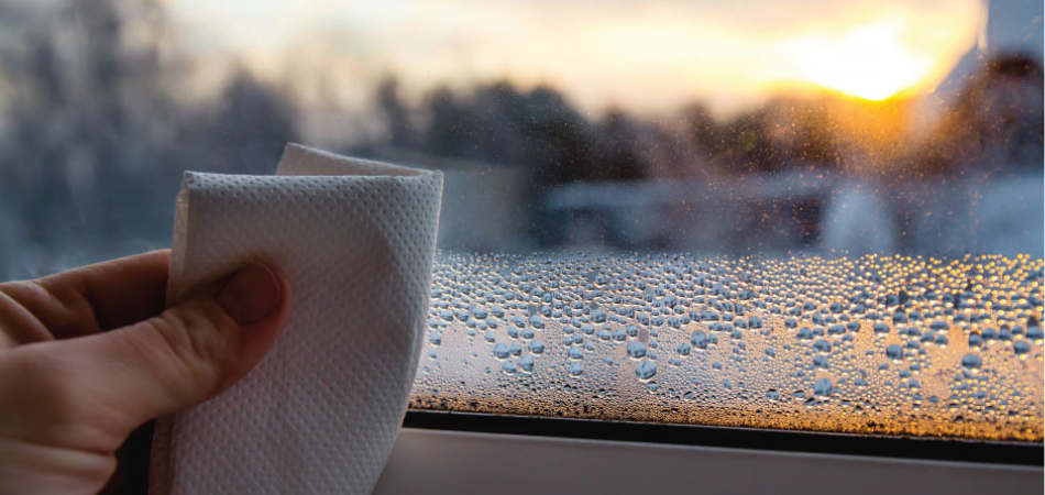 Close up view of person hand using paper cloth, drying wet condensation drops from glass window in cold winter morning at sunrise.