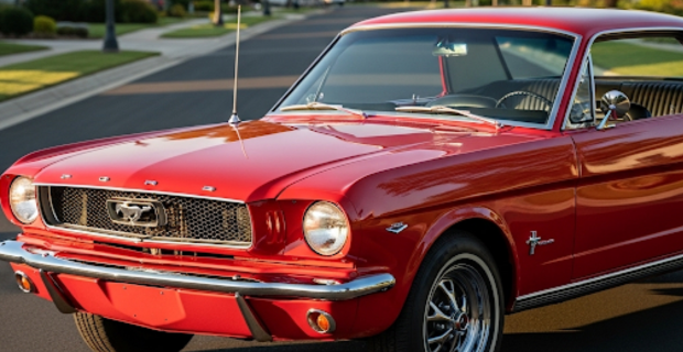 A red Ford Mustang parked on a city street.