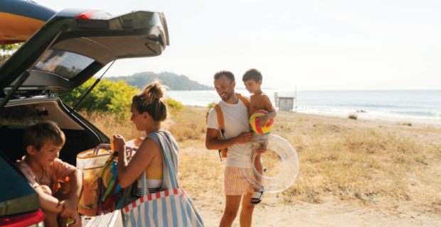 A family is going to the beach