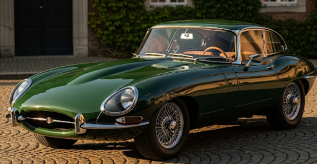 A green Jaguar E-Type parked in front of a house.