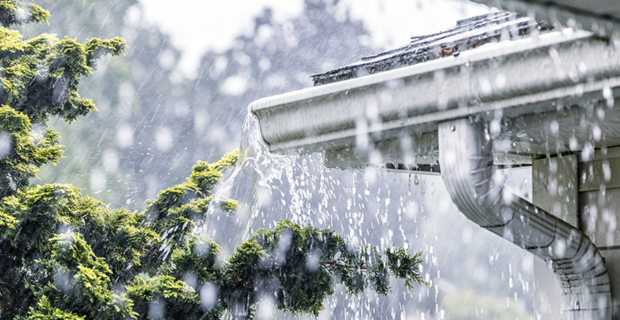 Heavy rainfall causes water to spill from a house’s gutters, cascading off the roof and soaking nearby foliage.