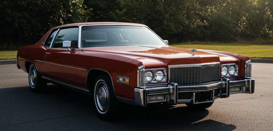 A classic red Cadillac Eldorado coupe from the 1970s parked on a paved surface, photographed from the front-left angle.