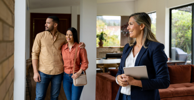 A couple tours a new home with a real estate agent, symbolizing the process of buying your first home.