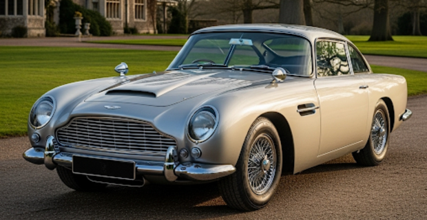 A silver Aston Martin is parked on a road in front of a house.