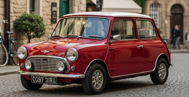 A red Austin Mini parked on a city street.